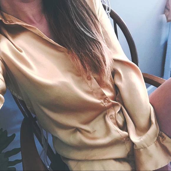 Vintage Tops - Vintage mustard yellow silky button down blouse D